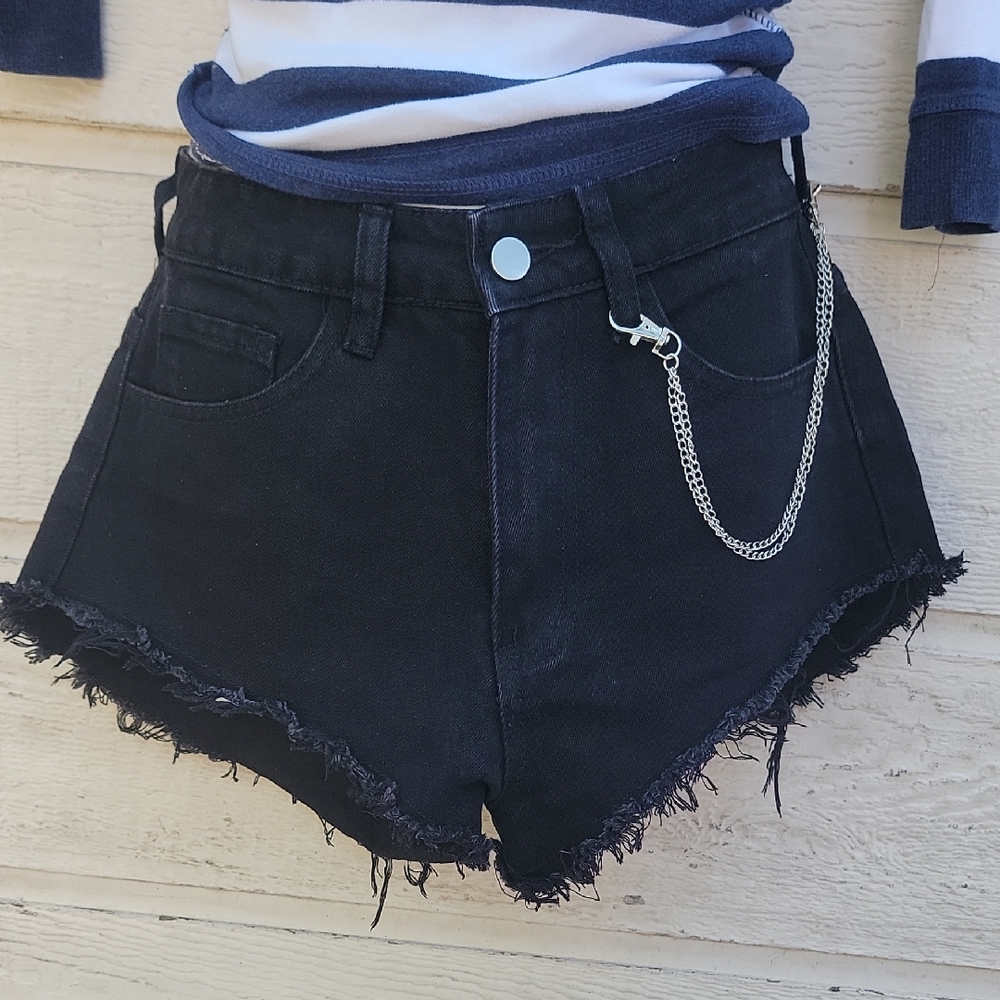 SHEIN Black Frayed Denim Shorts with Chain